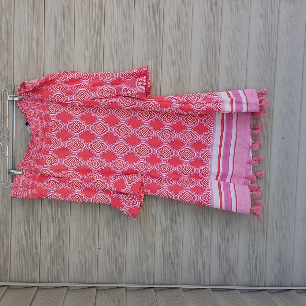 $158 Cabana Shift Pink Off-Shoulder Dress with Tassels - Picture 4 of 6